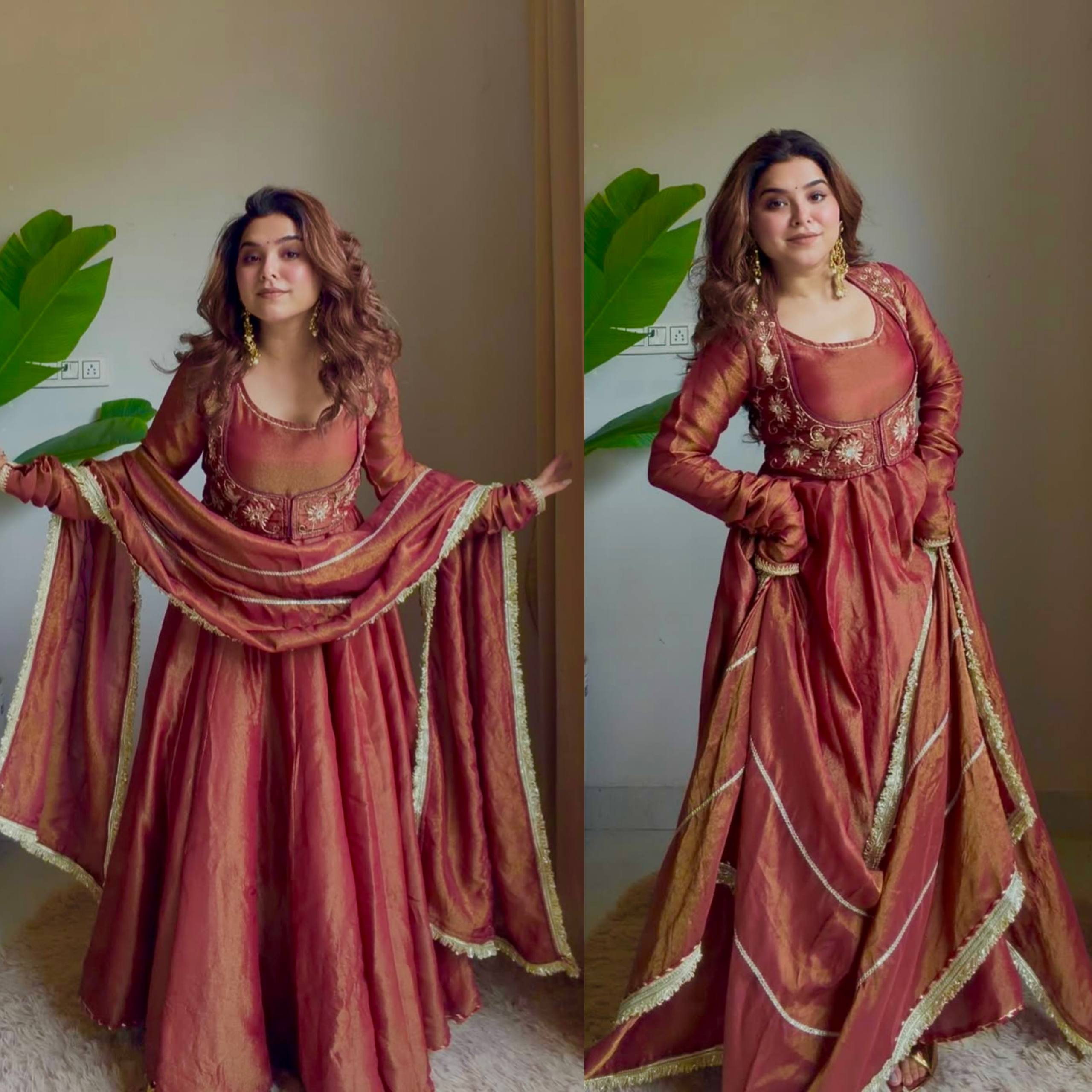 Regal Terracotta Zari-Bodice Anarkali Set